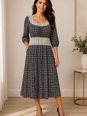 Donna Ricco Black and White Geometric Smocked-Waist Midi Dress